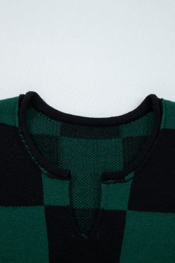 Green Checked Notched Neckline Drop Shoulder Knit Sweater