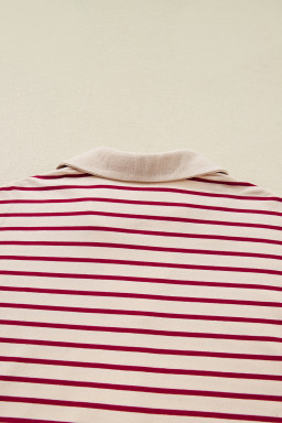 Red Stripe Cropped Collared Drop Shoulder Pullover and Bubble Mini Skirt Set