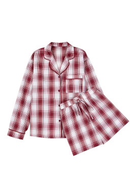 Red Retro Plaid Long Sleeve Shirt Drawstring Shorts 2pcs Lounge Set