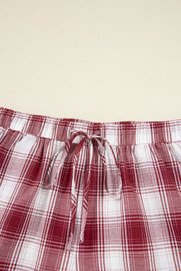 Red Retro Plaid Long Sleeve Shirt Drawstring Shorts 2pcs Lounge Set