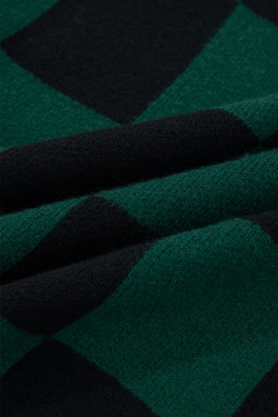 Green Checked Notched Neckline Drop Shoulder Knit Sweater