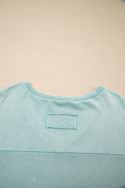 Mist Blue Mineral Wash Exposed Seam Buttoned V Neck Pullover Top