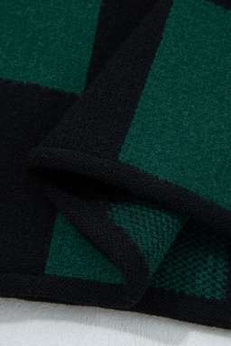 Green Checked Notched Neckline Drop Shoulder Knit Sweater