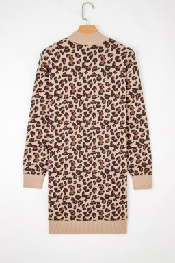 Khaki Leopard Print High Neck Shift Mini Sweater Dress