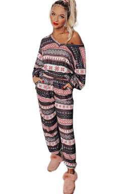 Black Retro Christmas Pattern Loose Pullover 2pcs Lounge Pant Set