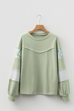 Laurel Green Floral Plaid Mixed Sleeve Raw Edge Relaxed French Terry Top