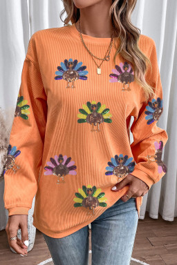 Orange Turkey Graphic Sequins Patch Corded Baggy Sweatshirt