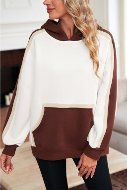 Coffee Colorblock Kangaroo Pocket Long Sleeve Hoodie
