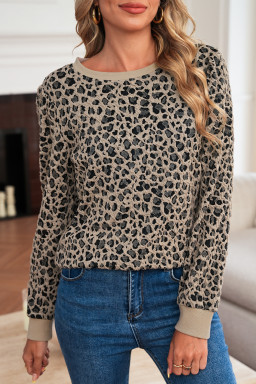 Khaki Ribbed Trim Leopard Print Long Sleeve Top