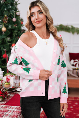 Pink Checkered Christmas Tree Pattern Button V Neck Knit Cardigan