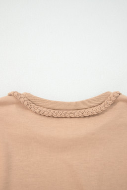 Light French Beige Twist Braided Embellished Puff Sleeve Dress