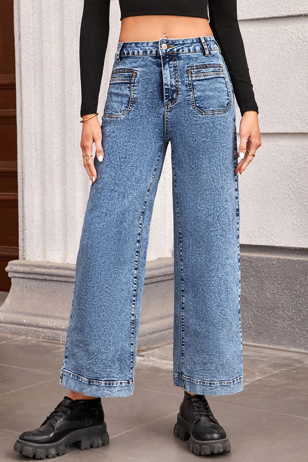 Blue Chic Patch Pocket Straight Leg Loose Jeans