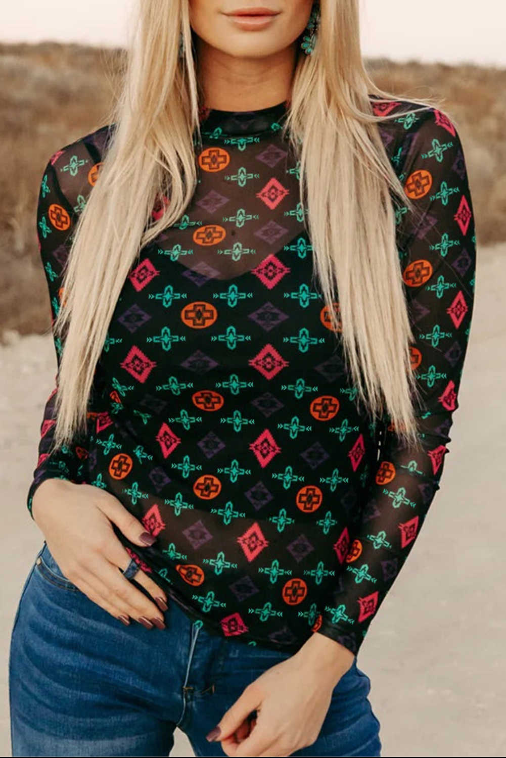 Black Western Aztec Printed Long Sleeve Mesh Top