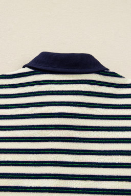 Navy Blue Pop of Color Zipper V Neck Striped Long Sleeve Top
