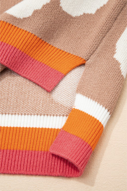 Smoke Gray Big Flower Pattern Contrast Striped Baggy Sweater