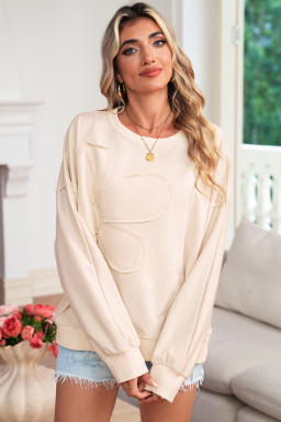 Beige Raw Edge Flower Patch Drop Shoulder Long Sleeve Top