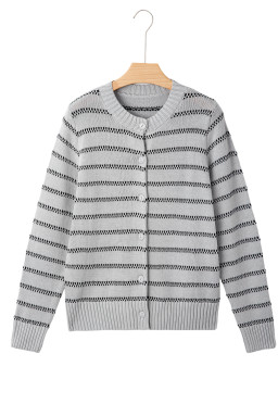 Gray Stripe Button Front Ribbed Trim Short Cardigan