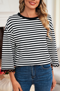 Black Striped Round Neck Contrast Lace Trim Bell Sleeve Top