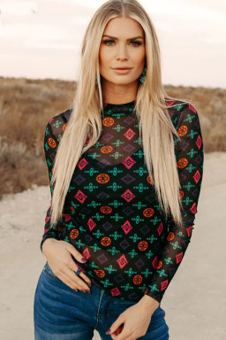 Black Western Aztec Printed Long Sleeve Mesh Top