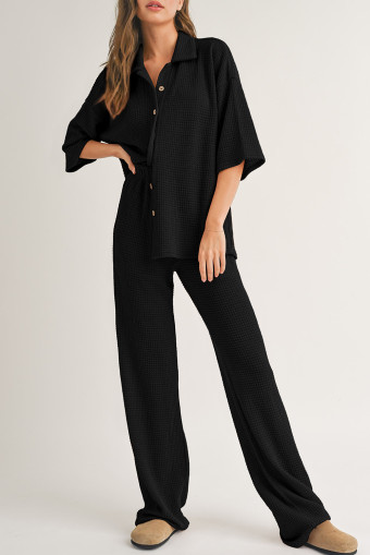 Black Solid Color Textured Buttoned Shirt and Casual Pants Set