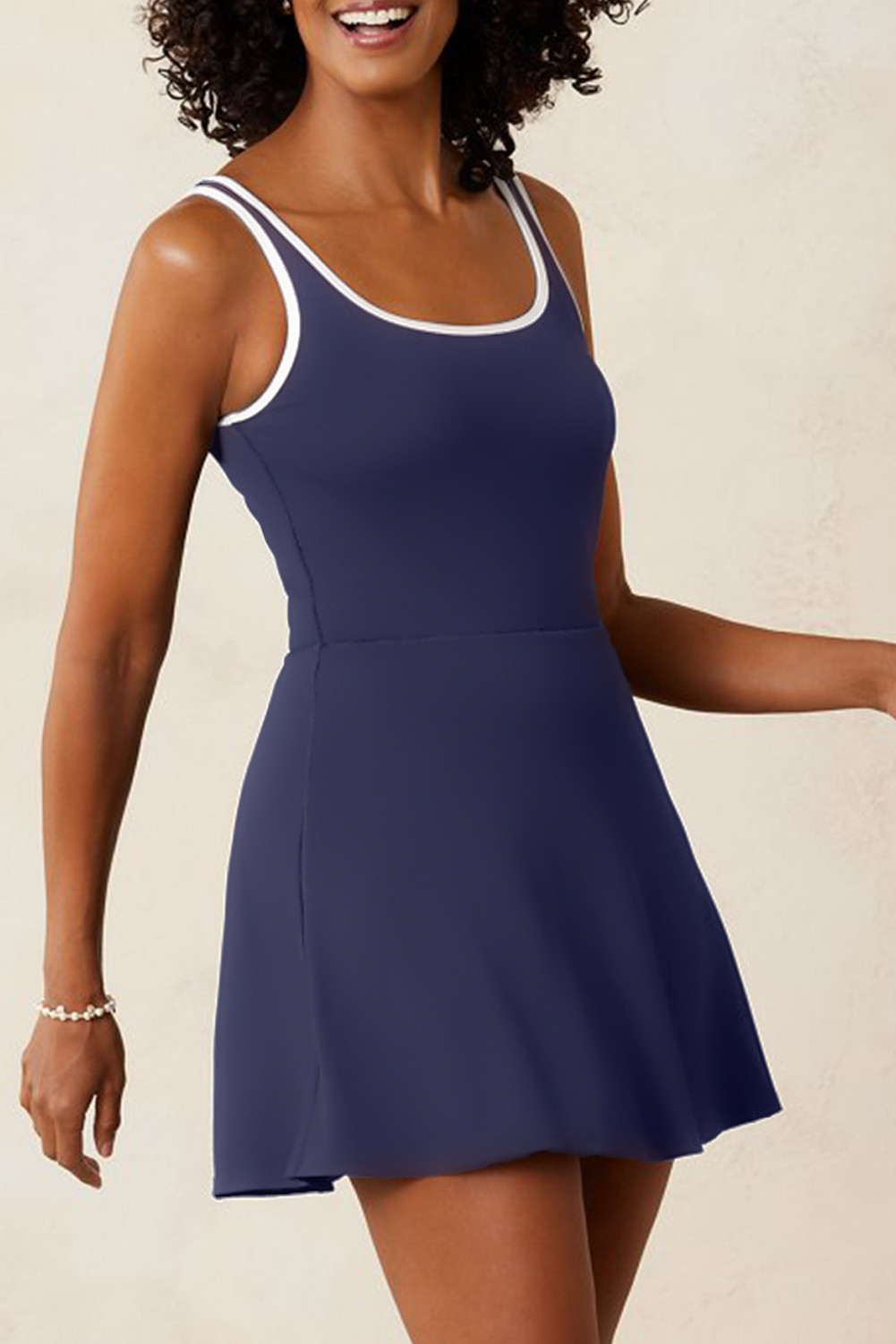 Navy Blue Contrast Edge Ruffled High Waist One Piece Swim Dress