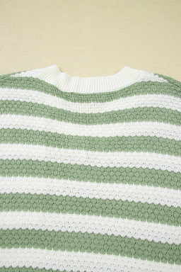 Green Stripe V Neck Short Sleeve Sweater with Side Slits