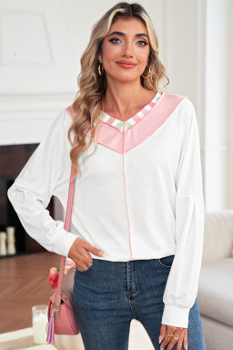 White Rainbow Striped V Neck Colorblock French Terry Top
