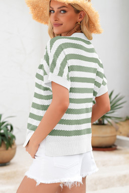 Green Stripe V Neck Short Sleeve Sweater with Side Slits