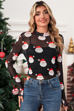 Black Christmas Santa Claus Slim Fit Mesh Long Sleeve Top
