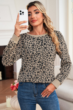 Khaki Ribbed Trim Leopard Print Long Sleeve Top