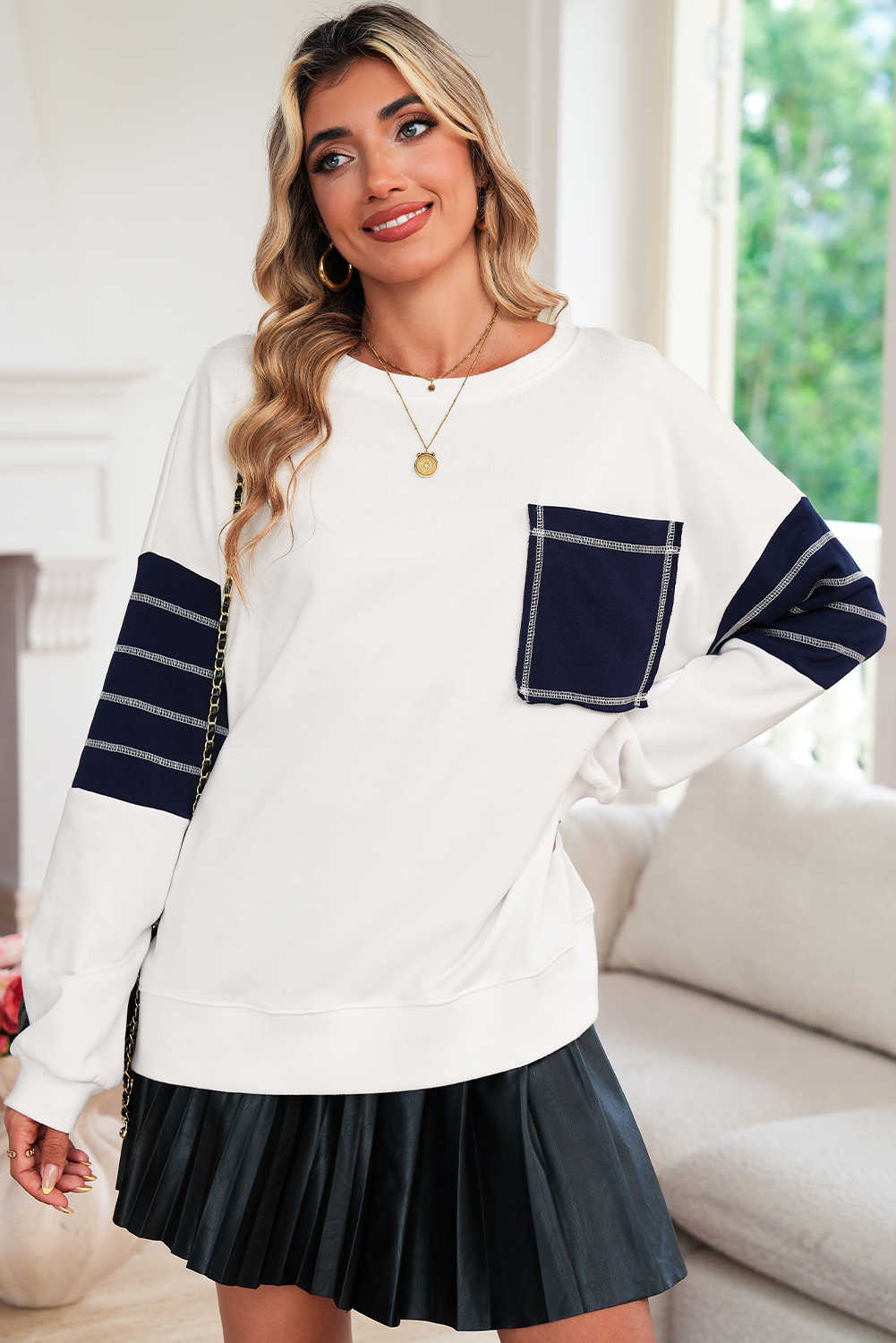 White Denim Patchwork Ribbed Round Neck Pullover Sweatshirt