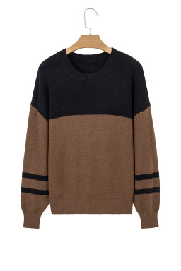 Dark Brown Colorblock Striped Sleeve Detail Knit Sweater