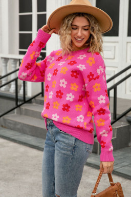 Rose Cute Flower Allover Ribbed Trimmed Drop Shoulder Pullover Sweater
