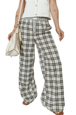 Gray Plaid Wide Leg Casual Pants