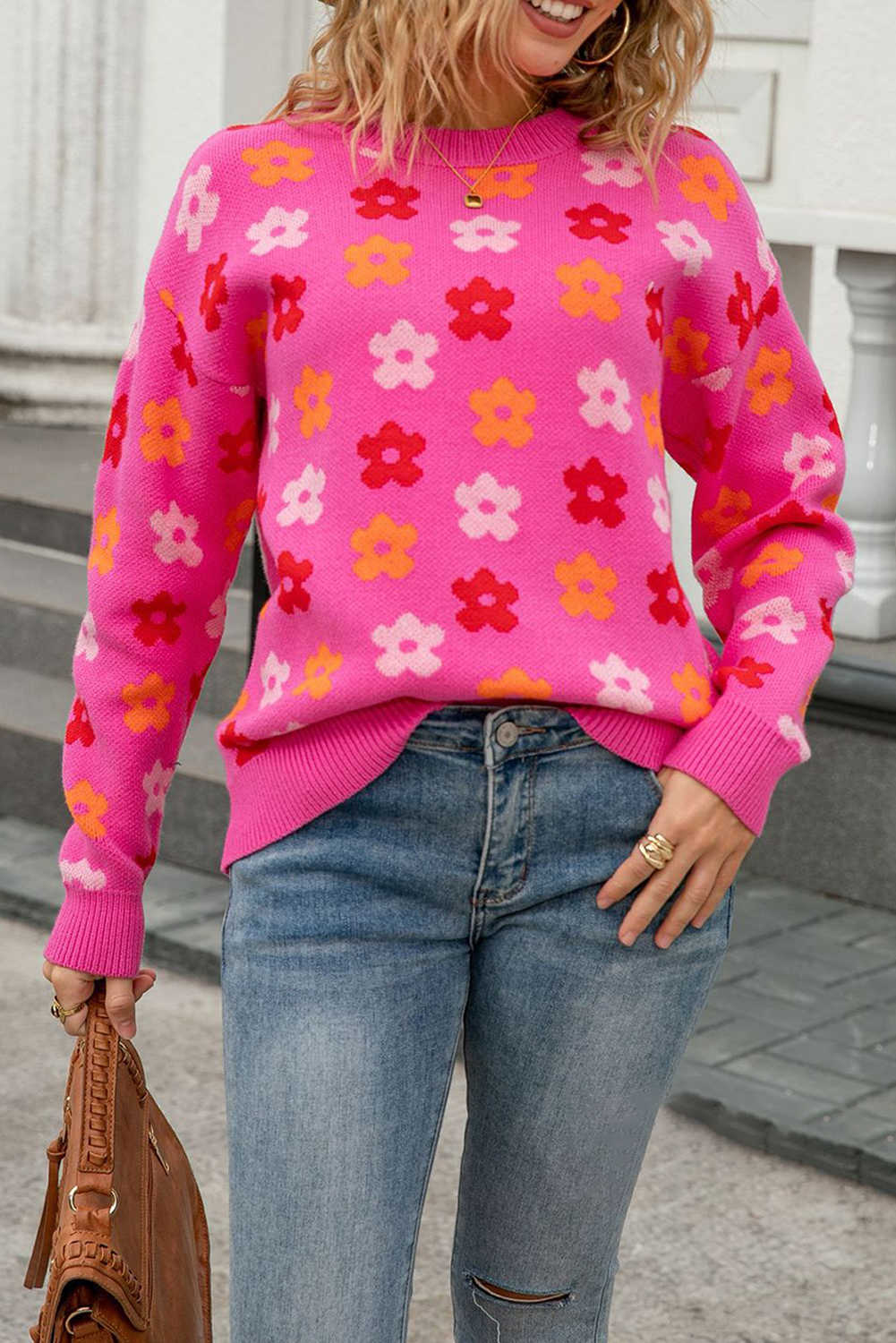 Rose Cute Flower Allover Ribbed Trimmed Drop Shoulder Pullover Sweater