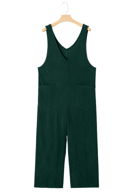 Evergreen Corduroy V Neck Patched Pocket Sleeveless Jumpsuit