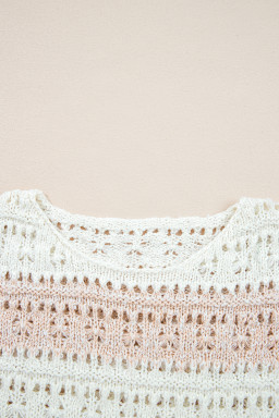 Pink Hollow-out Colorblock Drop Shoulder Casual Sweater