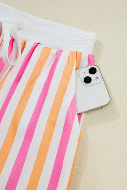 Pink Stripe Drop Shoulder Half Sleeve Loose Tee and Shorts Casual Set