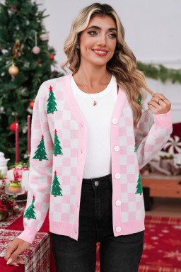 Pink Checkered Christmas Tree Pattern Button V Neck Knit Cardigan