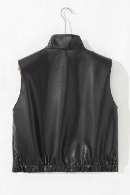 Black Double Flap Pocket Faux Leather Zip Up Stand Neck Vest
