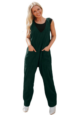Evergreen Corduroy V Neck Patched Pocket Sleeveless Jumpsuit