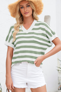 Green Stripe V Neck Short Sleeve Sweater with Side Slits