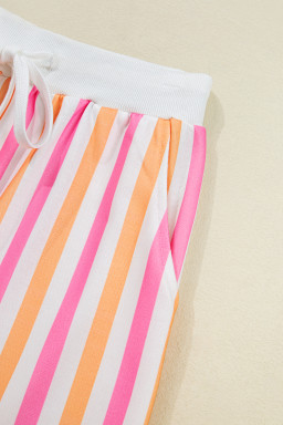 Pink Stripe Drop Shoulder Half Sleeve Loose Tee and Shorts Casual Set