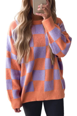 Grapefruit Orange Checkered Pattern Ribbed Trim Knit Baggy Sweater
