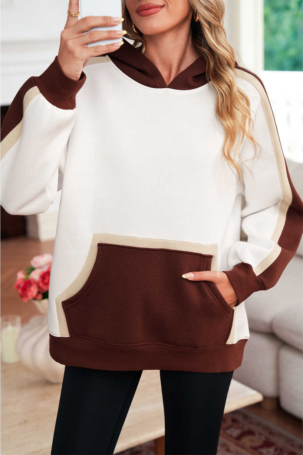 Coffee Colorblock Kangaroo Pocket Long Sleeve Hoodie
