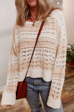 Pink Hollow-out Colorblock Drop Shoulder Casual Sweater