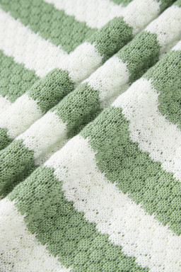 Green Stripe V Neck Short Sleeve Sweater with Side Slits