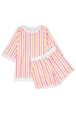 Pink Stripe Drop Shoulder Half Sleeve Loose Tee and Shorts Casual Set