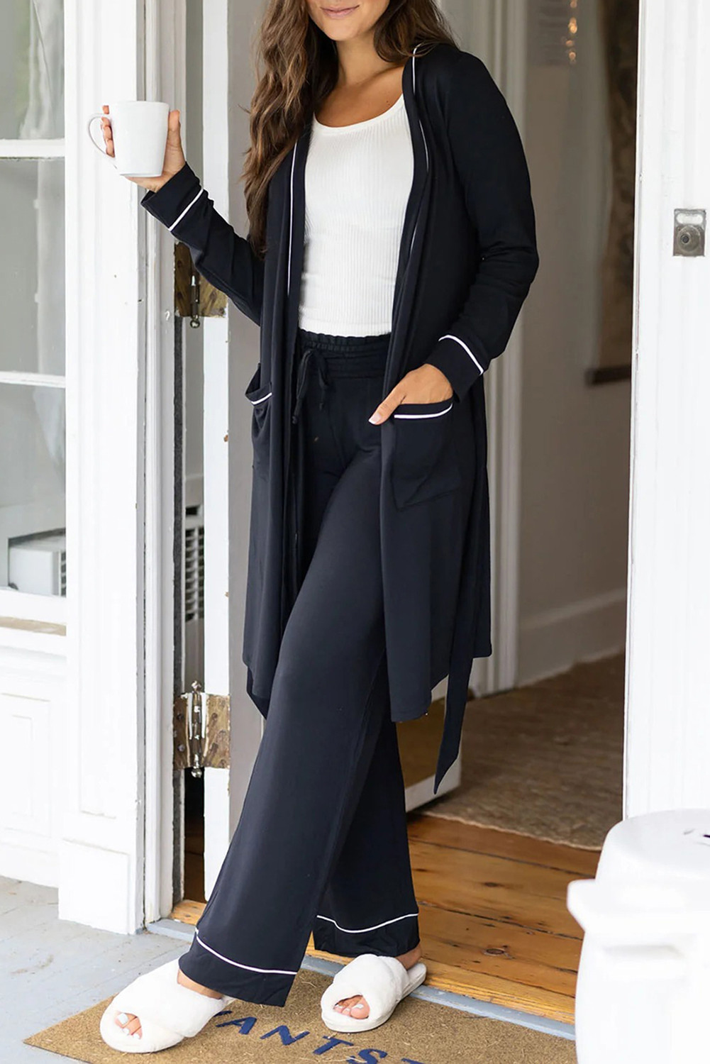 Black Contrast Trim Hooded Lounge Cardigan and Pants Set