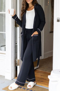 Black Contrast Trim Hooded Lounge Cardigan and Pants Set